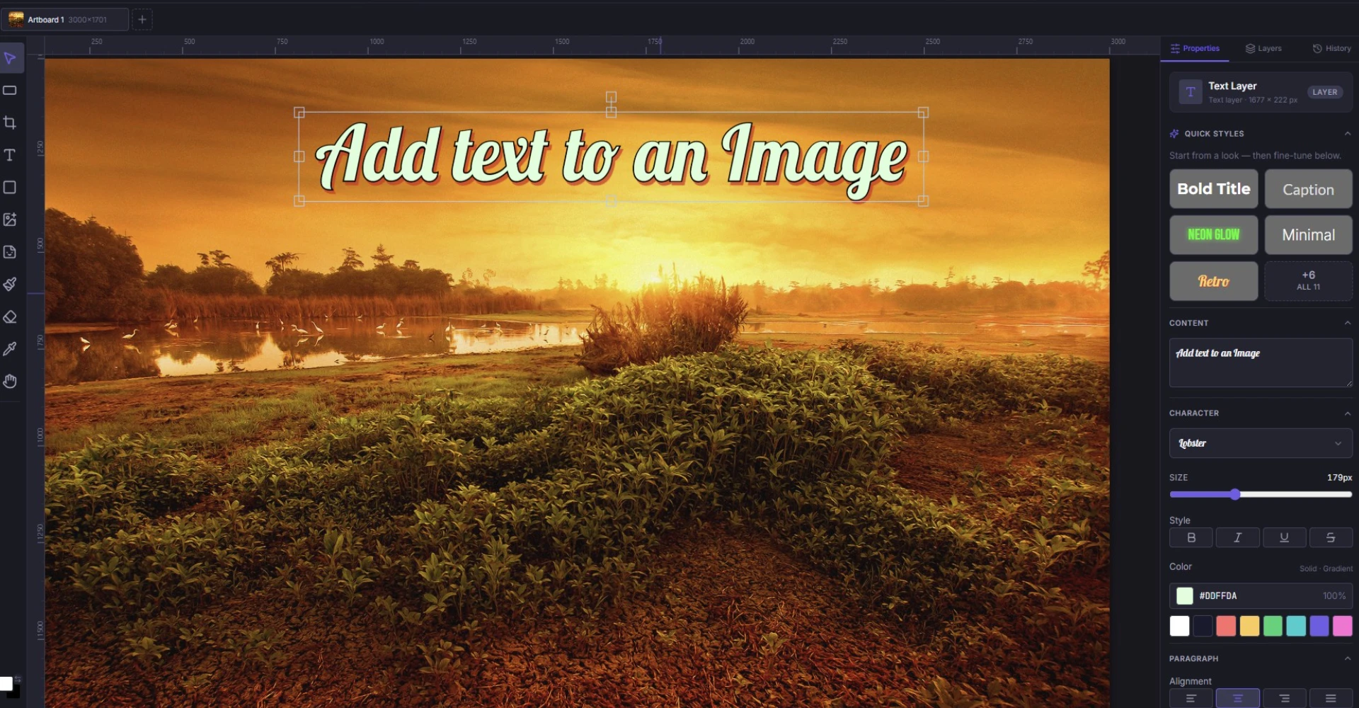 Text styling controls on a photo canvas in Inkicity