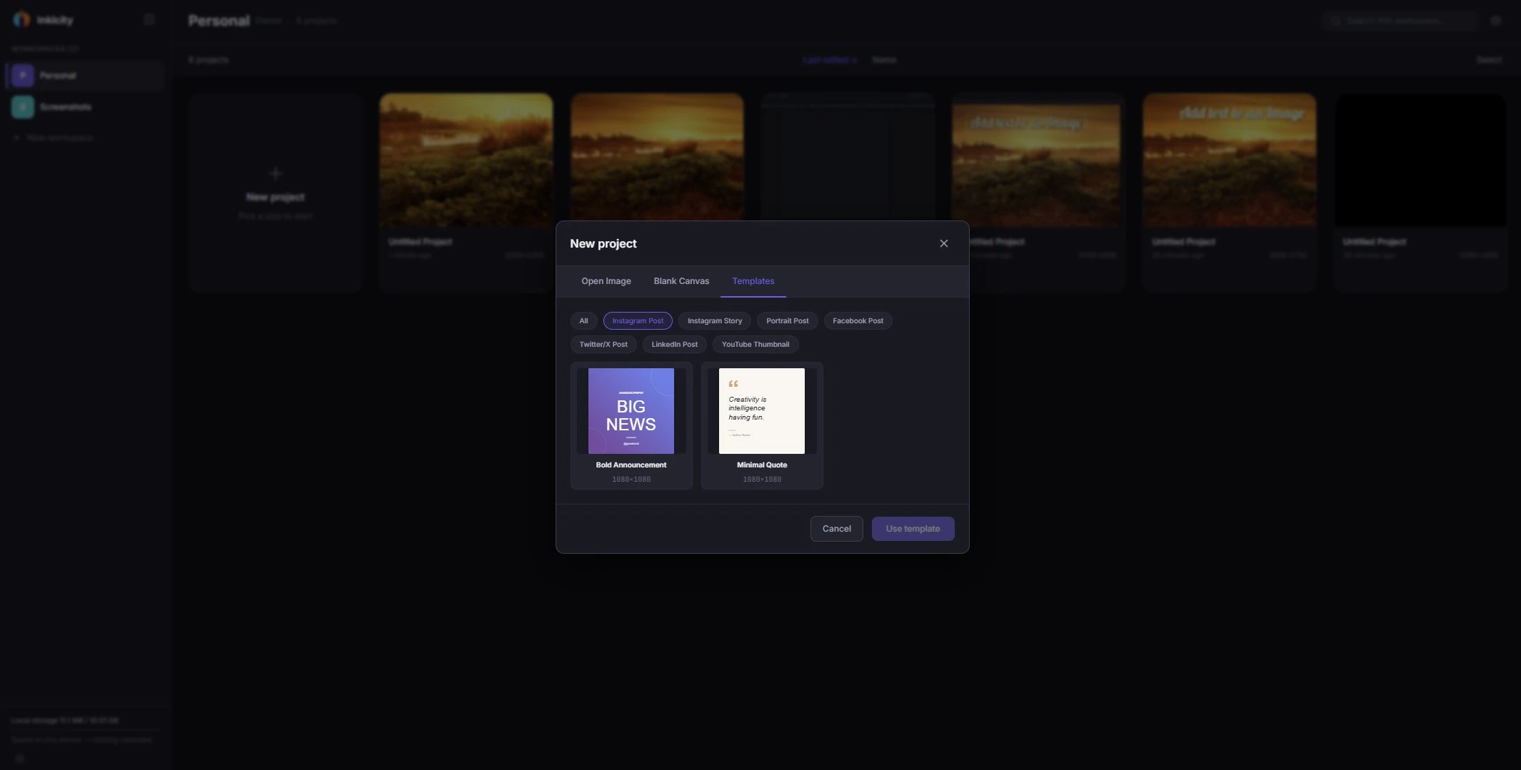 Instagram post template sizes in Inkicity’s new-project picker