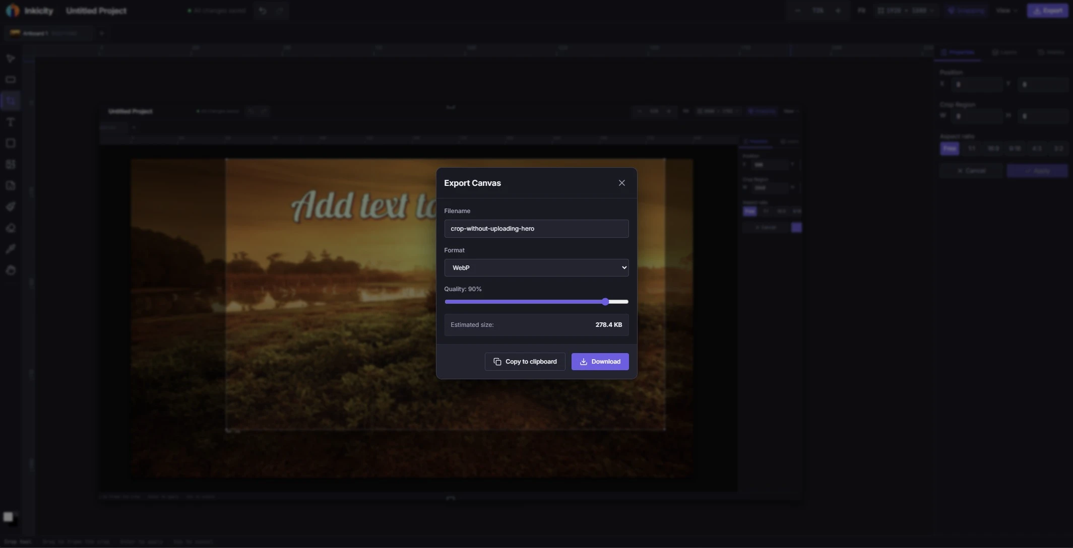 Export Canvas dialog with WebP selected in Inkicity